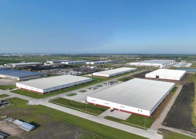 aerial photo showing two new warehouses in Fargo ND within its industrial development